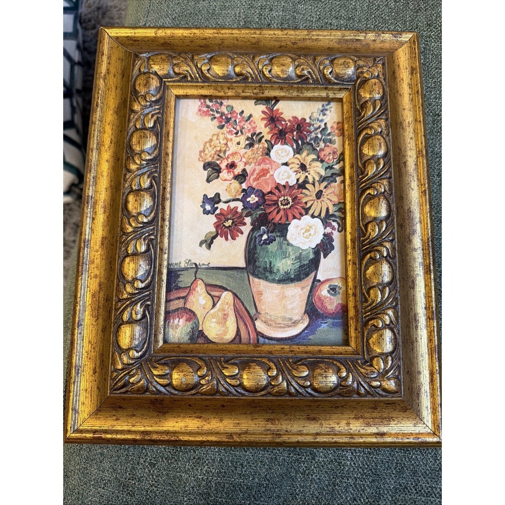 Vintage Floral Still Life Framed Print Gold Ornate Wood Frame Flowers Pears